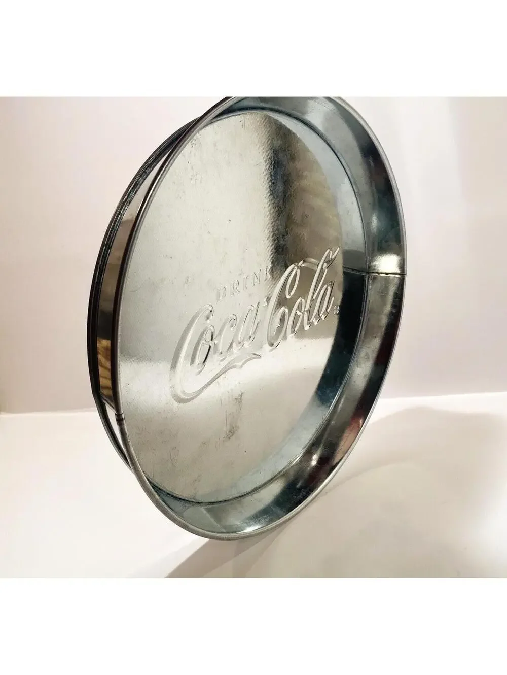 Coca Cola Chrome Silver Tin Tray Retro Coke Circle VTG Kitchen Decor Memorabilia